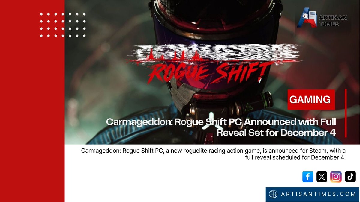 artisan_times's tweet photo. Carmageddon: Rogue Shift PC announced for Steam! Roguelite racing action is back. Full reveal event scheduled for Dec 4.
#CarmageddonRogueShiftPC #Carmageddon #roguelite #34BigThings #VehicularCombat
Read more: https://t.co/woojHFJASP https://t.co/Yu5fQYOwBe