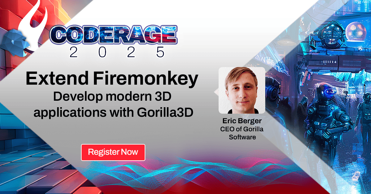 EmbarcaderoTech's tweet image. Discover how to break past FireMonkey 3D limitations! 🚀
Join Eric Berger for a hands-on intro to the Gorilla3D framework—modernizing FMX 3D apps, boosting performance, using gaming components in real-world apps, and even rendering MRI/CT scans in 3D.

Register now:…