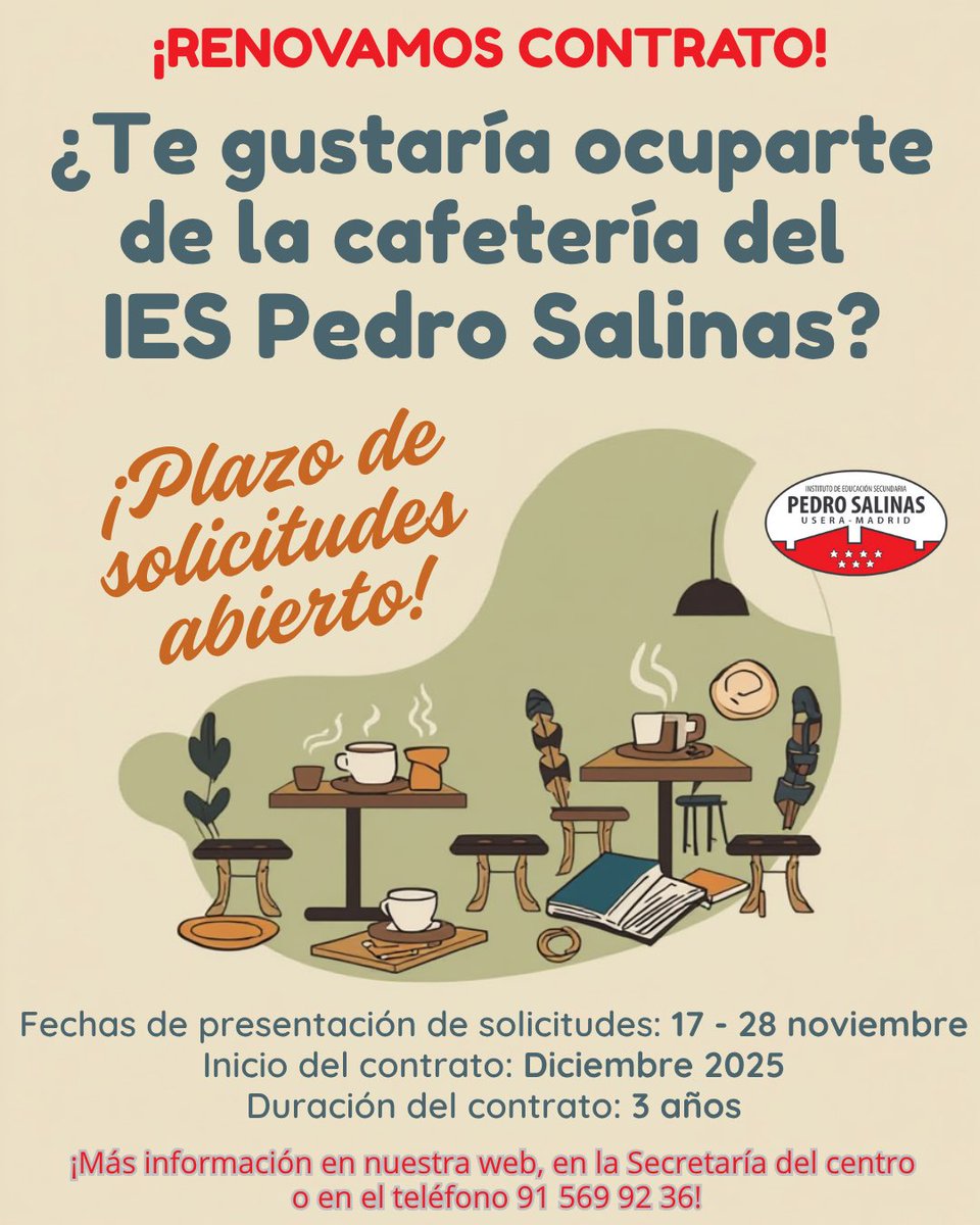 📣 ¿Te gustaría ocuparte de  la cafetería del IES Pedro Salinas? ¡Esta es tu oportunidad!

☕️ Buscamos personas emprendedoras, responsables y con ganas de ofrecer un servicio de calidad a nuestra comunidad educativa.

Info 👉 site.educa.madrid.org/ies.pedrosalin…

<a href="/AVVBarrioMosca/">AVV Barrio Moscardó | Usera</a> <a href="/jmd_usera/">Distrito Usera</a>