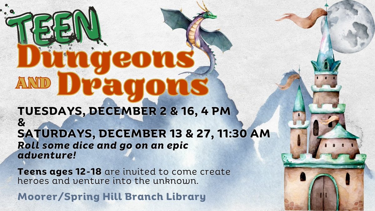 MobPubLib's tweet image. Gather your party… a new D&amp;amp;D adventure is calling! ✨ Join Monte L. Moorer / Spring Hill Branch Library for Teen D&amp;amp;D this December! #teenprograms #mobilepubliclibrary #dungeonsanddragons #mobileal #springhillal #libraryfun