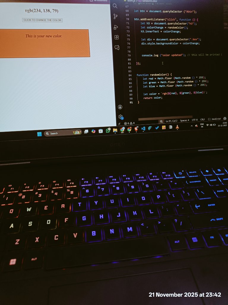 growing_phool's tweet image. #Day 48 of #90dayscodingchallenge 
- made a very small project, Generating random colour on every click using Event listener.
- enjoying this phase of JavaScript.
- did a workout.
52 days to go.
Signing off.
#WinterArc #buildinginpublic 
#selfimprovement #WebDevelopment