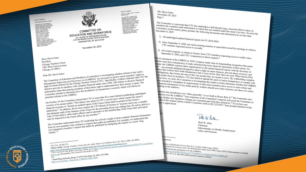 EdWorkforceCmte's tweet image. Union members deserve to know how their own dues are being spent. Yet @CTULocal1 hasn&apos;t provided its own members with financial transparency for half a decade.

@RepWalberg and @RepRickAllen demand answers.