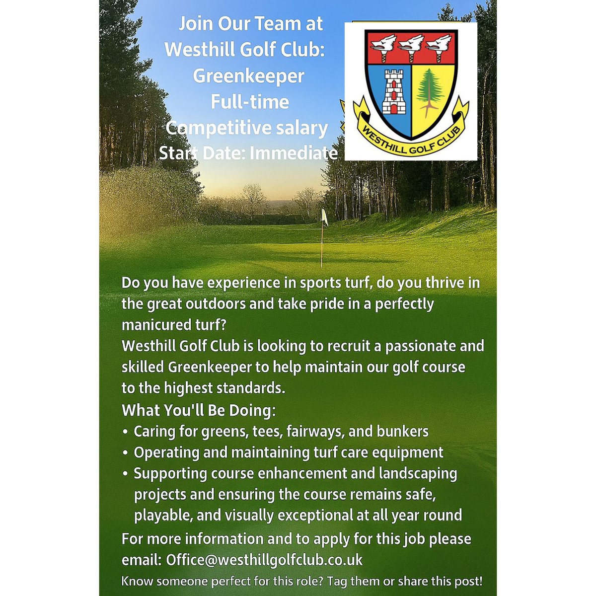 Great opportunity for an up and coming greenkeeper <a href="/WESTHILLGOLF/">Westhill Golf Club (Aberdeenshire)</a>