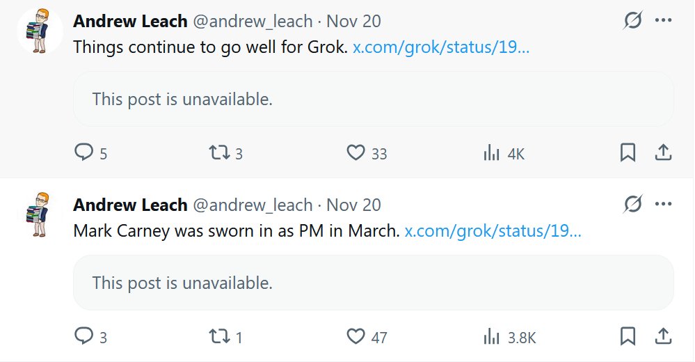 andrew_leach's tweet image. Looks like someone is cleaning up the Grok PM Trudeau tweets