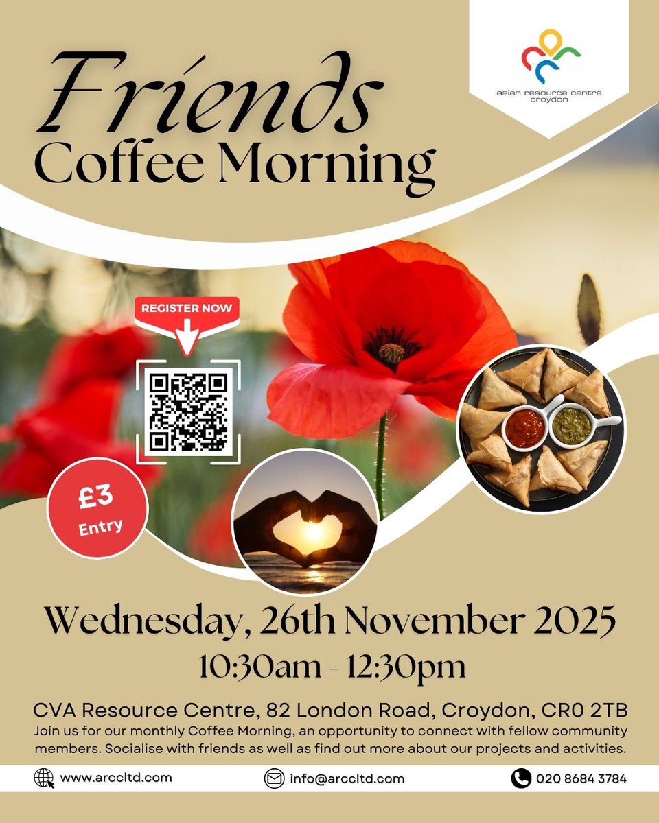 ARCCLTD's tweet photo. Friends Coffee Morning ☕

Join us for our monthly get-together to honour friendship &amp; remembrance over a warm cuppa.

🗓️ Wed 26 Nov 25
🕥 10:30am–12:30pm
📍@CroydonVA 

Register Via:
https://t.co/gEvwghbMBD

#FriendsCoffeeMorning #Croydon #Community #ARCC https://t.co/tFd1DlpyXj