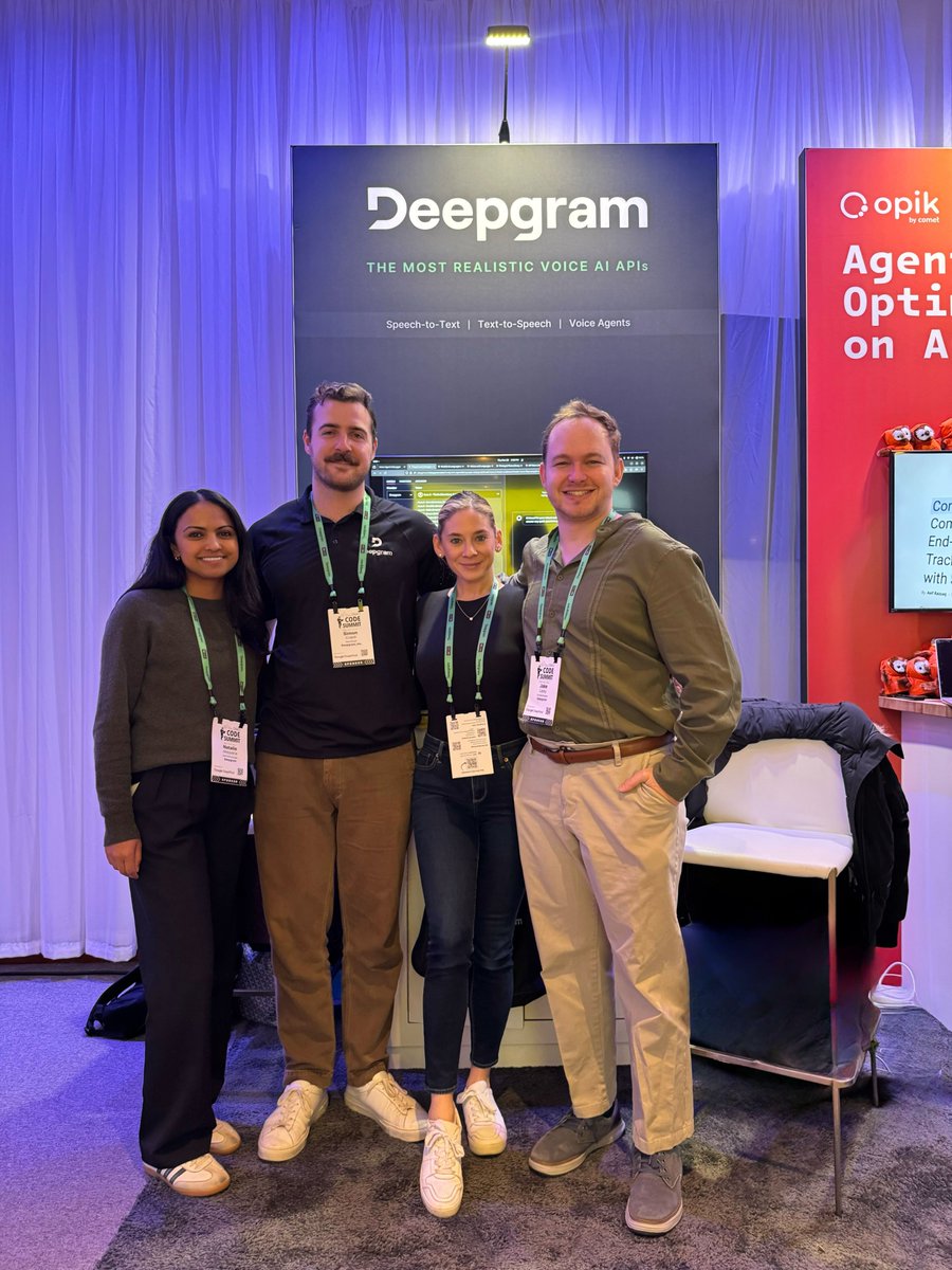 DeepgramAI's tweet image. 🔊 Last day at the expo hall for AI Engineer Summit. Be sure to stop by our booth to come say hi before it&apos;s too late!

We&apos;ve met so many incredible developers throughout our time here. If you&apos;d like to see what the latest voice AI has to offer, come say hi to our team. See you…