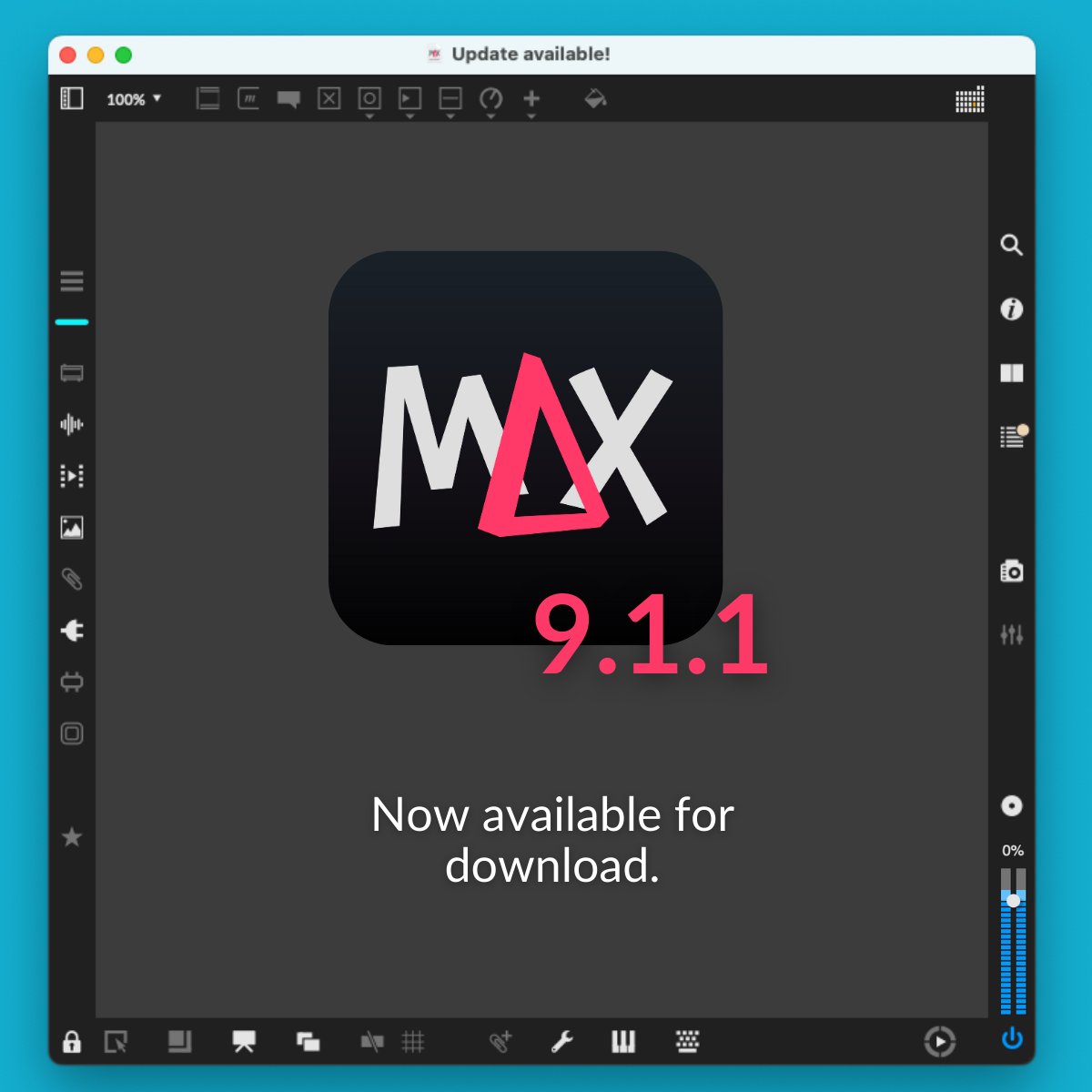 cycling74's tweet image. ⚡️ Max 9.1.1 is now available for download! ⬇️🧑‍💻

Learn more 👉 cycling74.com/forums/max-911…

Happy patching! 🎛️

#maxmsp #maxmspjitter #maxforlive #madewithrnbo #cycling74