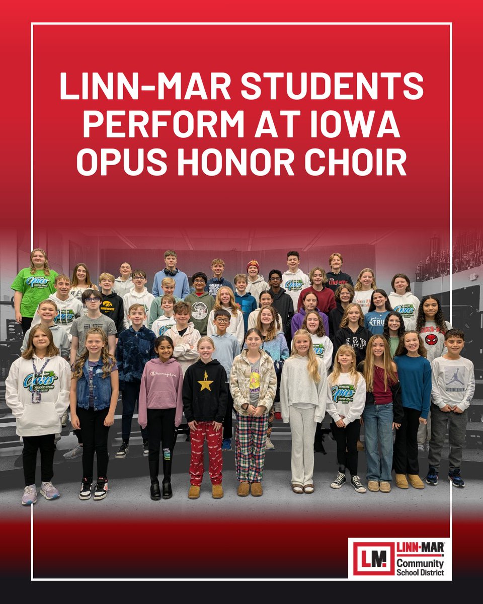 Forty-four students from Boulder Peak, Hazel Point, Excelsior, Oak Ridge, and Linn-Mar High School were selected to participate in the Iowa OPUS Honor Choir yesterday. Congratulations to all who were selected. Read more here: linnmar.k12.ia.us/news/linn-mar-… #WeAreLinnMar