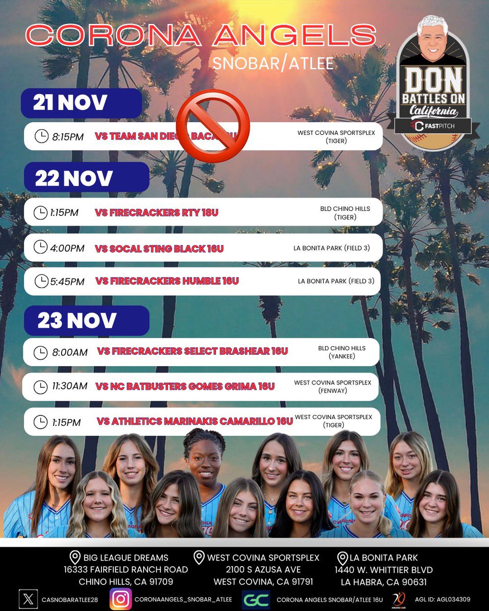 🚨🚨 SCHEDULE CHANGE UPDATE!! 🚨🚨

Due to weather, our game tonight at Don Battles On has been canceled! Schedule for the rest of the weekend remains the same. If any other changes happen, we will update here!

<a href="/ArdenVines2028/">Arden Vines</a> <a href="/AJoiner2028/">Aubrey Joiner 2028</a> <a href="/BrooklynA_2028/">Brooklyn Atteberry</a> <a href="/CarissaW2028/">Carissa Wilson</a> <a href="/DCloyd06/">Delanie Cloyd</a>