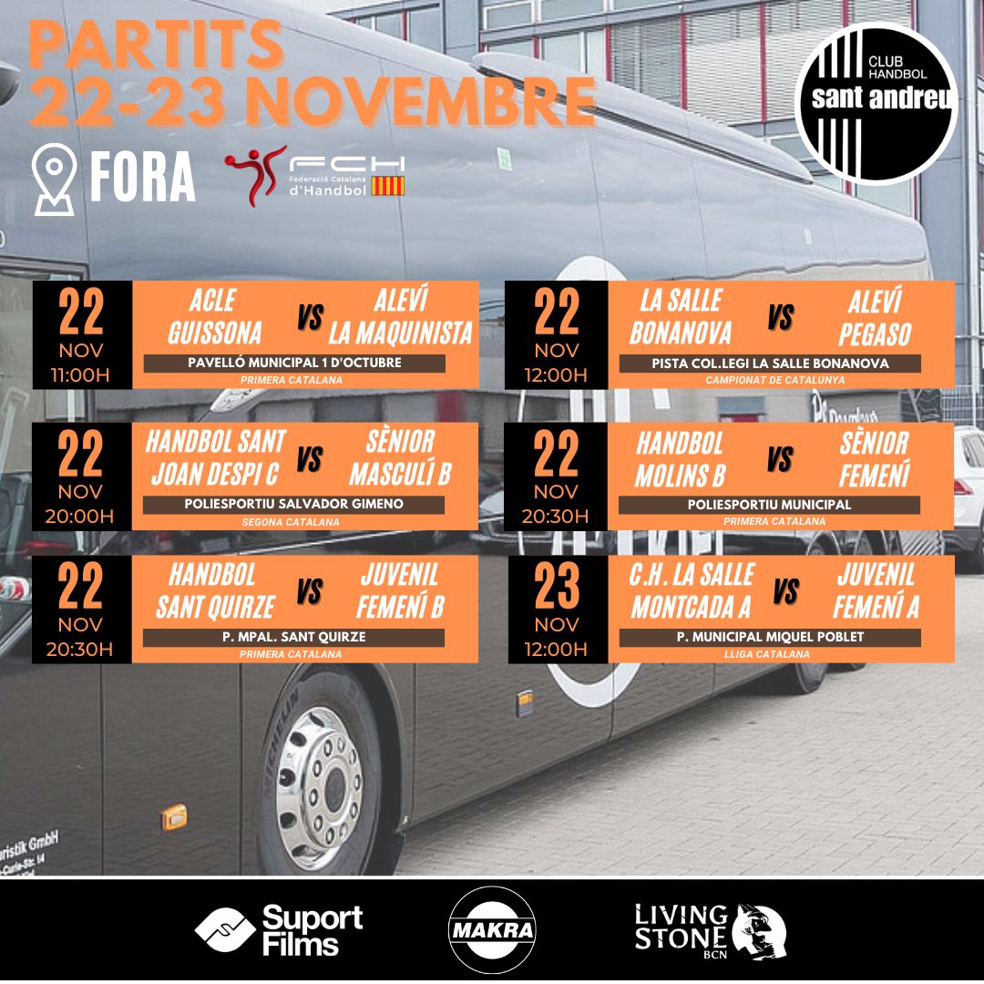 Horaris de FCH del cap de setmana del 22 i 23 de novembre! Força nois i noies!!🧡🖤🧡
#andreuencsgo #handbol #santandreu