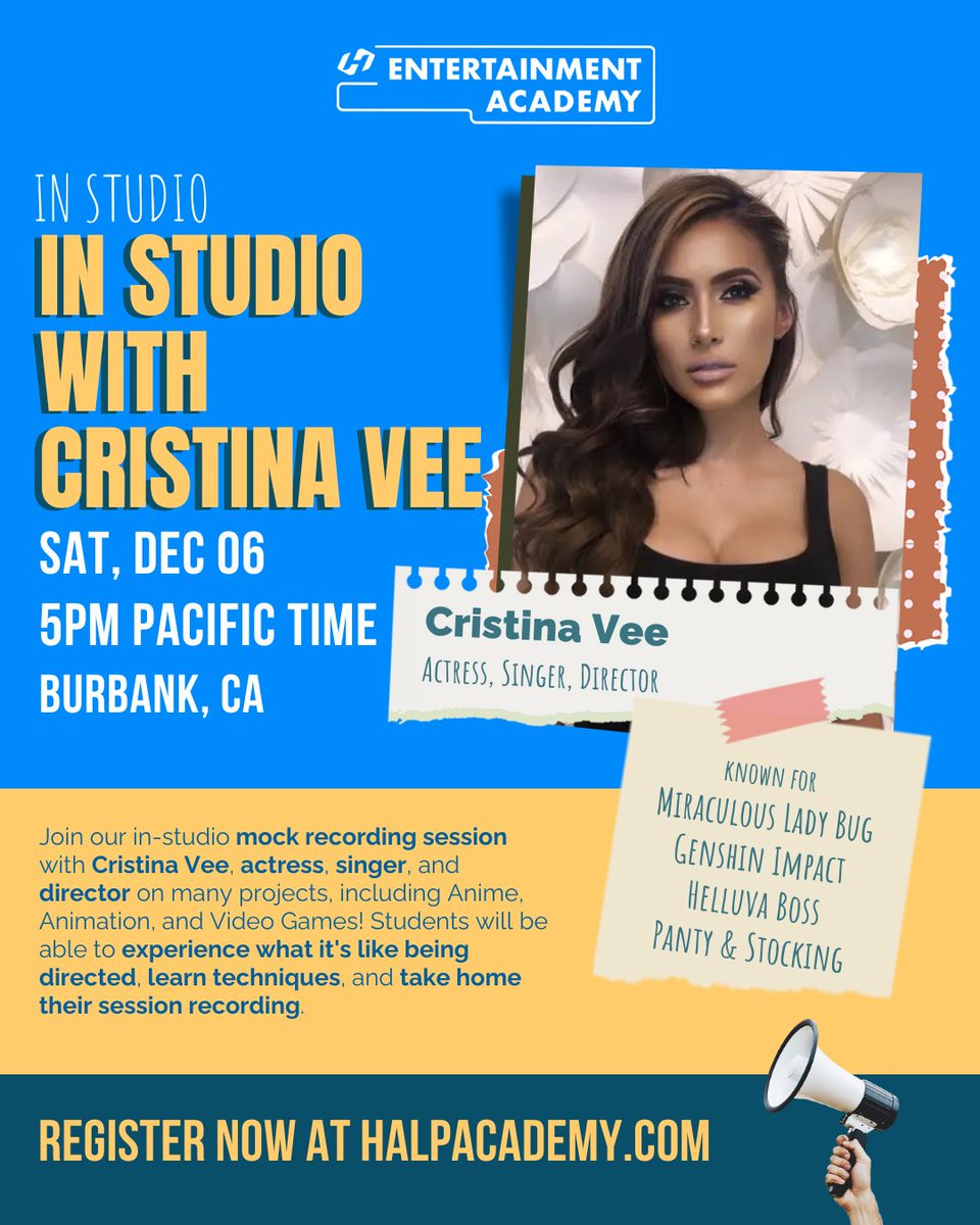 thehalpnetwork's tweet image. Join us in person with the one and only Cristina Vee!

Cristina will be directing mock sessions at a studio in Burbank, CA. Students will be able to take home their recording.

Sat, Dec 6 - 5pm PT

Register at halpacademy.com!

#voiceacting #voiceactingclass #actingclass