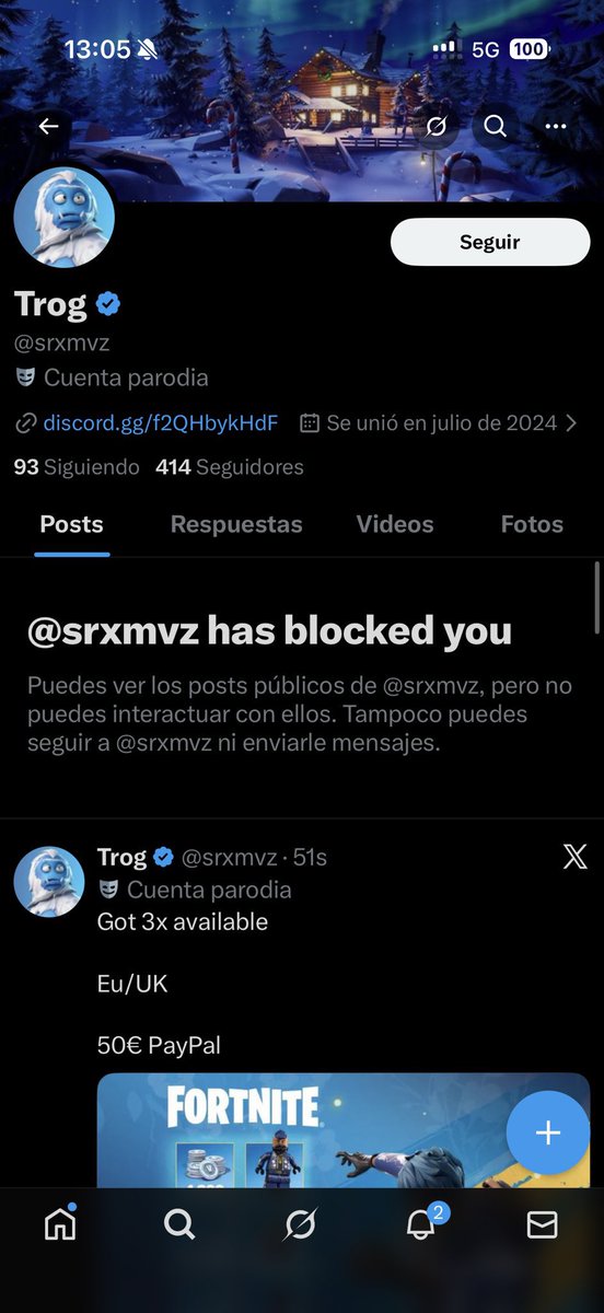 Another scammer who is doing a tons of fake ridiculous sales aswell to scam the Fortnite community (which goes by @/srxmvz), multiple reports of him scamming and doesn’t have any vouchers nor is he legit, make sure to block and mass report this scammer so he could get suspended!
