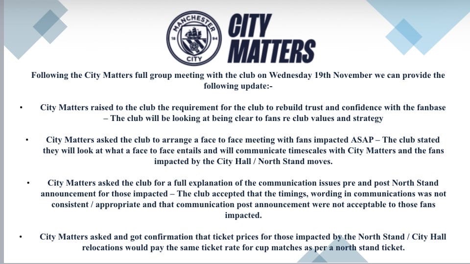 WeAre1894's tweet image. Update from @citymattersreps on North Stand evictions, restrictions &amp;amp; more. We appreciate the update- imperative club themselves apologises for poor communication - they have people on tens of thousands to do this - not hide behind volunteers.