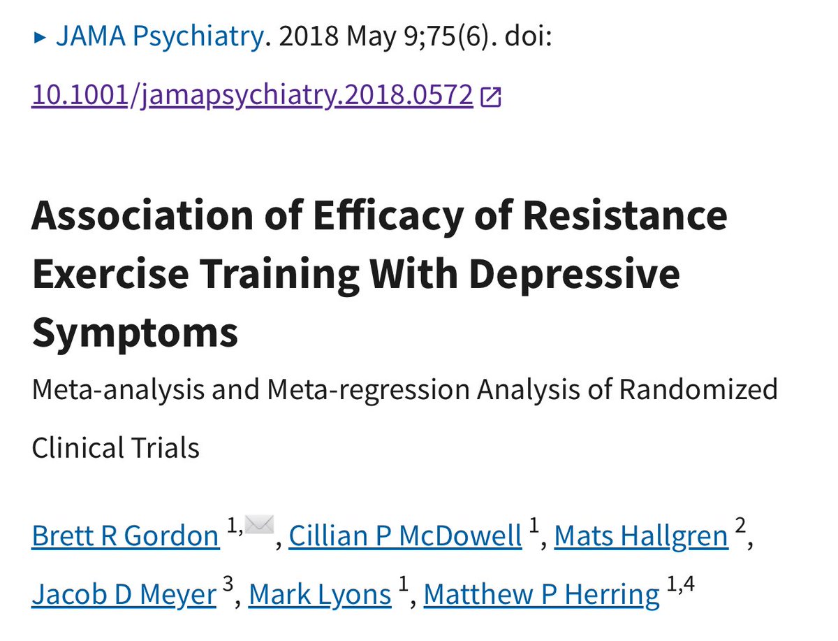 🔥💪🏻 El entrenamiento de fuerza tiene efecto antidepresivo

Un meta-análisis con 33 ensayos clínicos y 1.877 participantes mostró que el entrenamiento de fuerza reduce los síntomas depresivos un 43%.

☝🏻 NNT = 4 → Por cada 4 personas que entrenan fuerza, 1 mejora clínicamente su