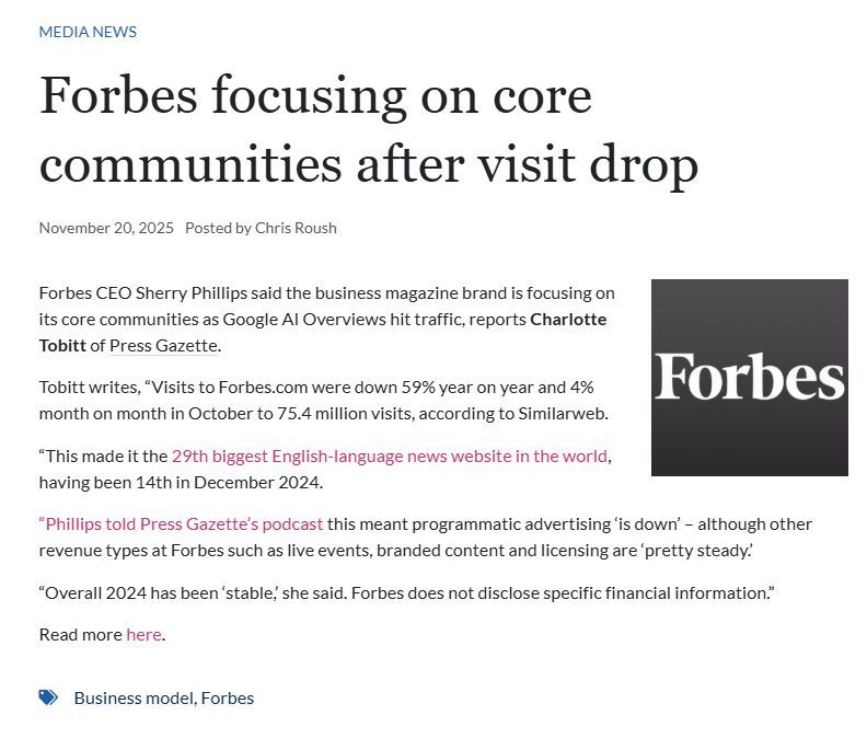 SwordandScript's tweet image. &quot;Visits to Forbes.com were down 59% year on year and 4% month on month in October to 75.4 million visits, according to Similarweb.&quot;

Maybe try focusing on *reporting* instead of letting people buy blog posts and cluttering up the web?