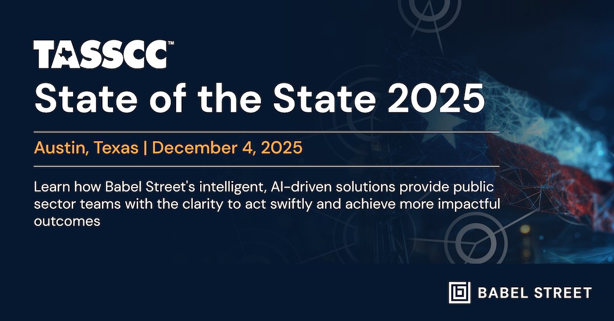 BabelKnowledge's tweet image. We’re heading to Austin, TX for the State of the State Conference on December 4! Come meet the Babel Street team and see how our AI-powered platform transforms open-source data into actionable intelligence. #StateoftheState