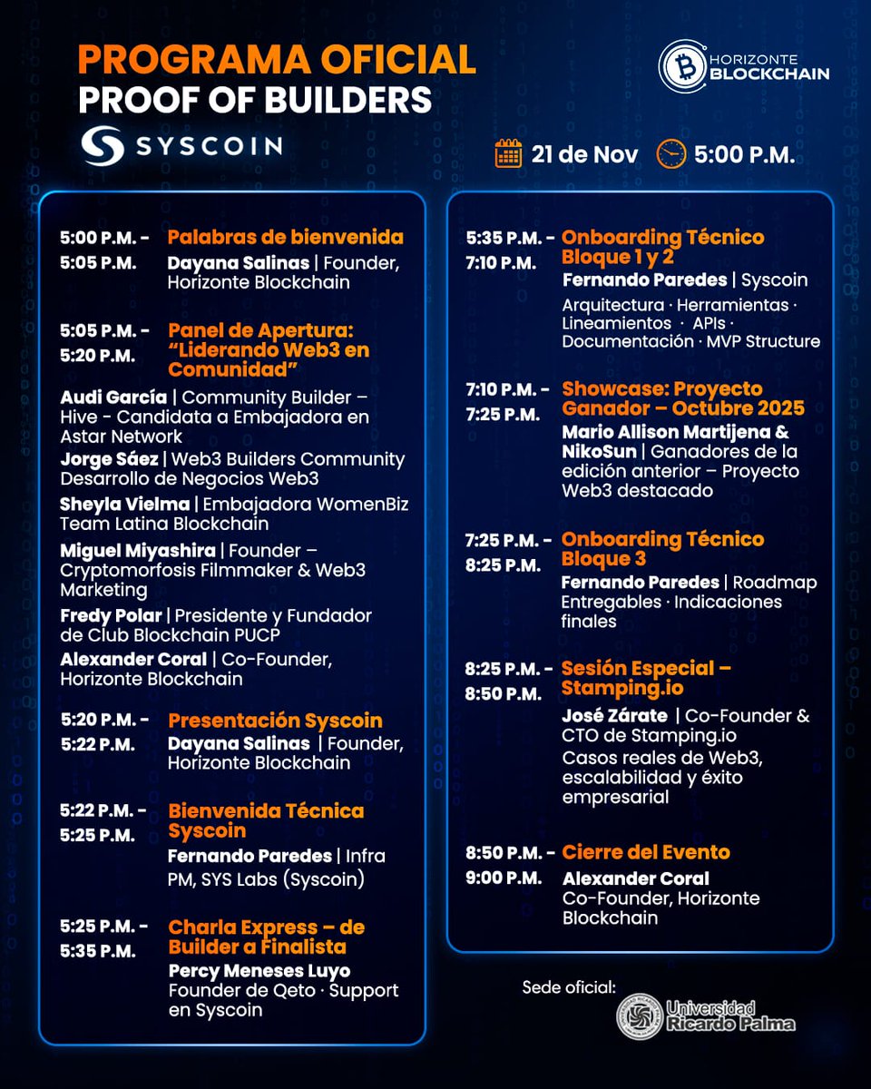 Syscoin_Hispano's tweet image. 🔥 HOY: Proof of Builders – Syscoin Perú
Este es el programa oficial del evento.
📍URP – 5PM
Panel, onboarding técnico, showcase y sesiones especializadas.
Let’s build! 🚀🔵
.
.
.
#Syscoin #ProofOfBuilders #Hackathon #Web3