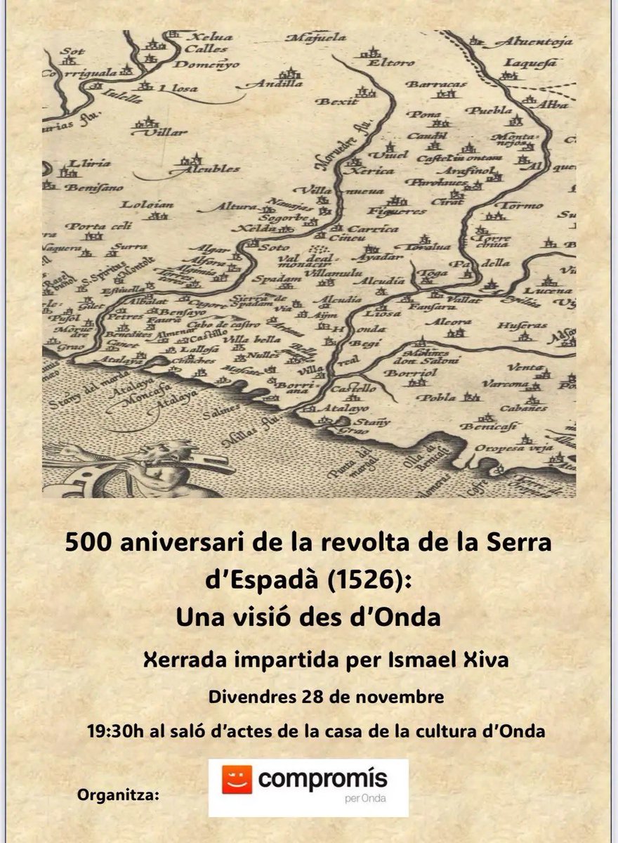 📜 De hui en huit dies, el divendres 28 a les 19:30, en la Casa de la Cultura d’Onda, parlarem de la revolta dels mudèjars de la Serra d’Espadà d’ara farà 500 anys: de les causes i de les conseqüències, i del paper en ella de la vila d’Onda i dels onders, tant moros com cristians