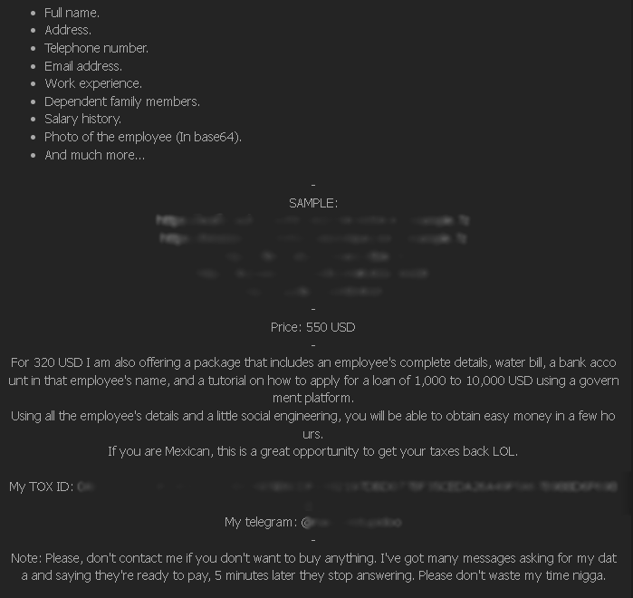 SonoraCiber's tweet image. 🚧🚨¡CIBERALERTA!🚨🚧 Confirmamos el anuncio de @ivillasenor , el conocido cibercriminal #Eternal  pone a la venta base de datos de @nuevoleon . Dice tener en su poder 40GB de datos diversos que incluyen fotos de personal y pensionados.
@victor_ruiz
@hiramcoop
@HackersOIHEC