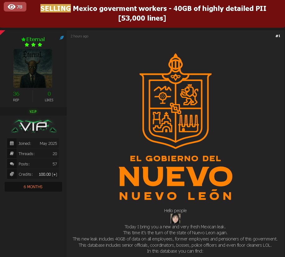 SonoraCiber's tweet image. 🚧🚨¡CIBERALERTA!🚨🚧 Confirmamos el anuncio de @ivillasenor , el conocido cibercriminal #Eternal  pone a la venta base de datos de @nuevoleon . Dice tener en su poder 40GB de datos diversos que incluyen fotos de personal y pensionados.
@victor_ruiz
@hiramcoop
@HackersOIHEC
