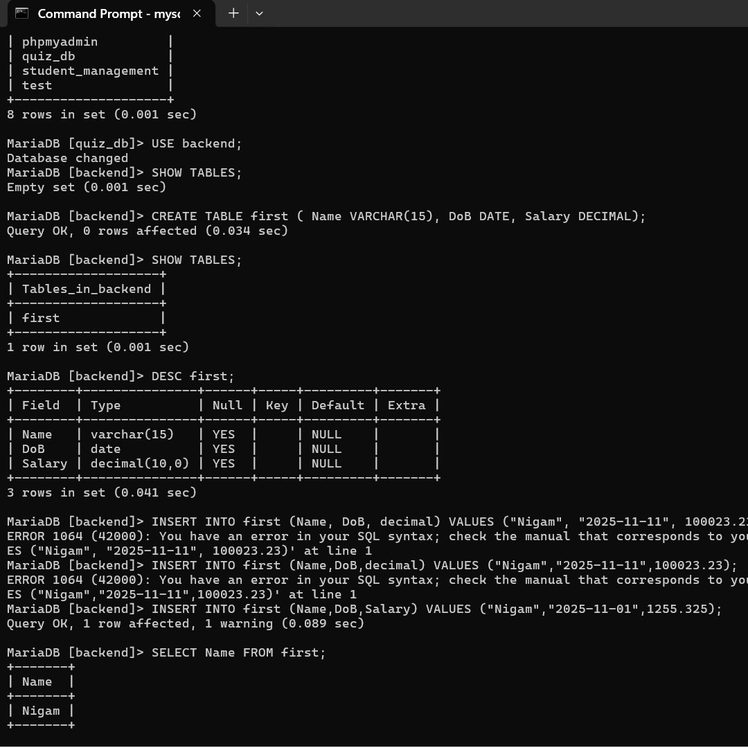 nigam75787's tweet image. Today I learned the basics of DBMS &amp;amp; RDBMS, different types of SQL, and key MySQL commands like SELECT, INSERT, CREATE, SHOW TABLE, and CREATE DATABASE. Practiced sorting tables, filtering with single and multiple conditions, and more. SQL feels much easier now #DBMS #SQL #MySQL