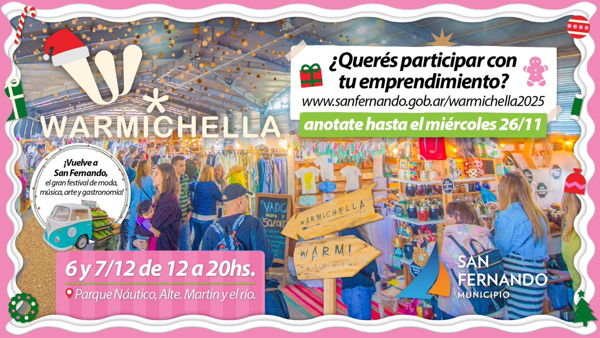 #WARMICHELLA VUELVE AL PARQUE NÁUTICO! ¡Y PODÉS SUMAR TU EMPRENDIMIENTO! 👠🎍🏺🎶🌮

Sábado 6 y domingo 7 de diciembre, vení a compartir @warmichella Lifestyle Festival. Si querés participar con tu emprendimiento encontrá el formulario en: sanfernando.gob.ar/warmichella2025 (hasta 26/11)