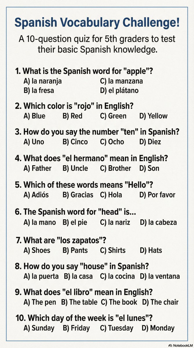 NotebookLM's tweet image. Did you know you can create more than just &quot;Infographics&quot;? For example, try using this prompt to create a downloadable, multiple choice quiz:

“Create a multiple choice questions worksheet for 5th graders about X. You MUST first come up with 10 multiple choice questions and show…