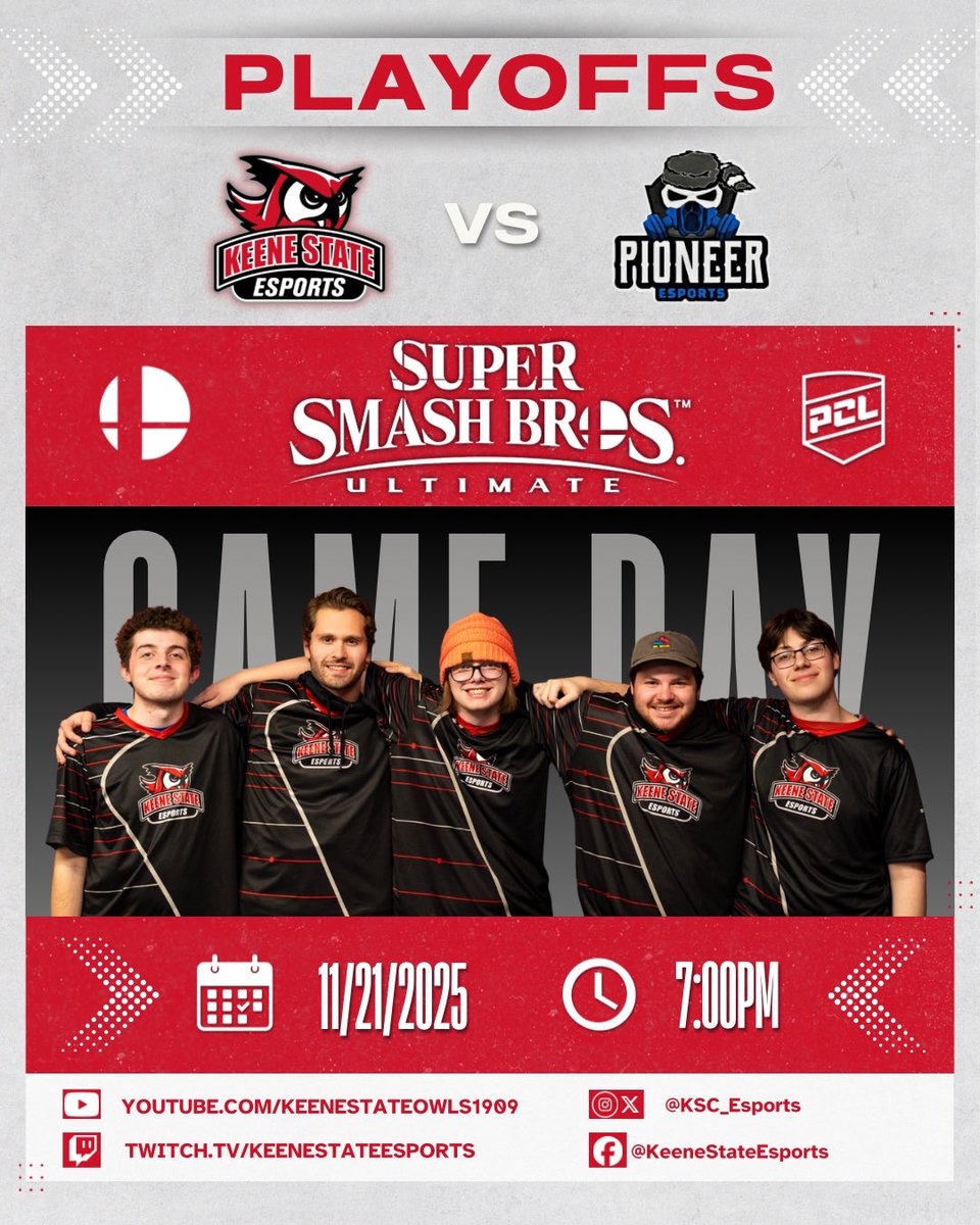 TONIGHT @ 7 PM!
Your KSC Smash Bros. squad takes on Glenville State University in their playoff quarterfinal matchup in <a href="/playvs_college/">PlayVS College League</a>!

Come watch in person in LLC126 or watch live at twitch.tv/KeeneStateEspo…

#OwlsAreOP 🦉🦉