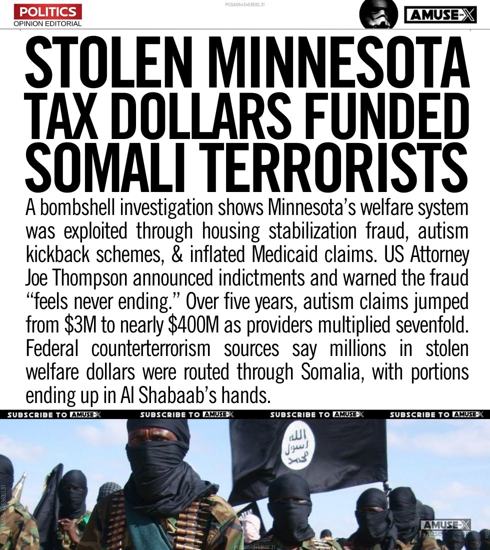 amuse's tweet image. TERROR: New reporting says Minnesota fraud networks stole millions from welfare programs and funneled funds to Somalia, where some reached Al Shabaab terrorists. US Attorney Thompson calls the crisis staggering. Walz is silent.

A bombshell City Journal investigation shows…