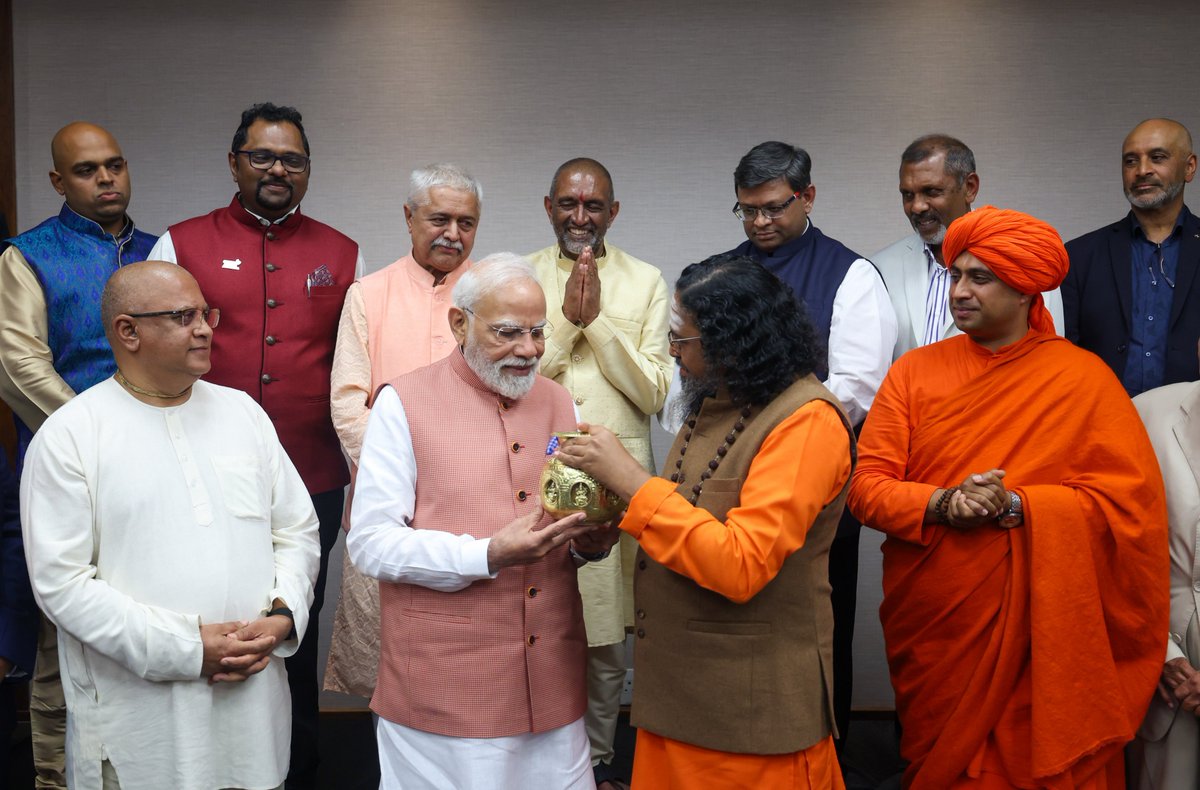 narendramodi's tweet image. While interacting with the Indian community in South Africa, received a Kalash from the Chinmaya Mission, consisting of Shree Anna or millets from India as well as South Africa. This will be placed in the Annapoorna Devi Temple in Durban.