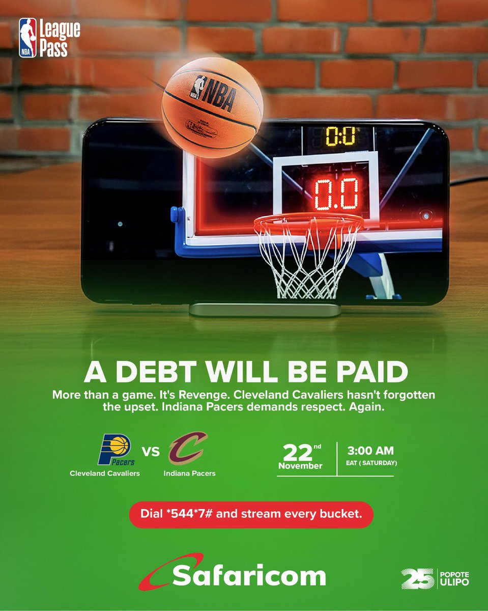 SafaricomPLC's tweet image. Nothing fuels a showdown like unfinished business.
Cavs and Pacers meet again, and this one carries receipts.
Stay in the moment, catch every run, every swing, every bucket.
👉 Dial *544*7# #NBAXSafaricom
