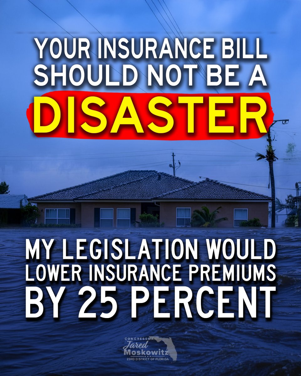 RepMoskowitz's tweet image. Storms in Florida are getting costlier every year, and families are paying for it in skyrocketing insurance costs.

So today I reintroduced my bill to lower what you pay for home insurance. Hurricanes are already a disaster, insurance shouldn&apos;t be one too.