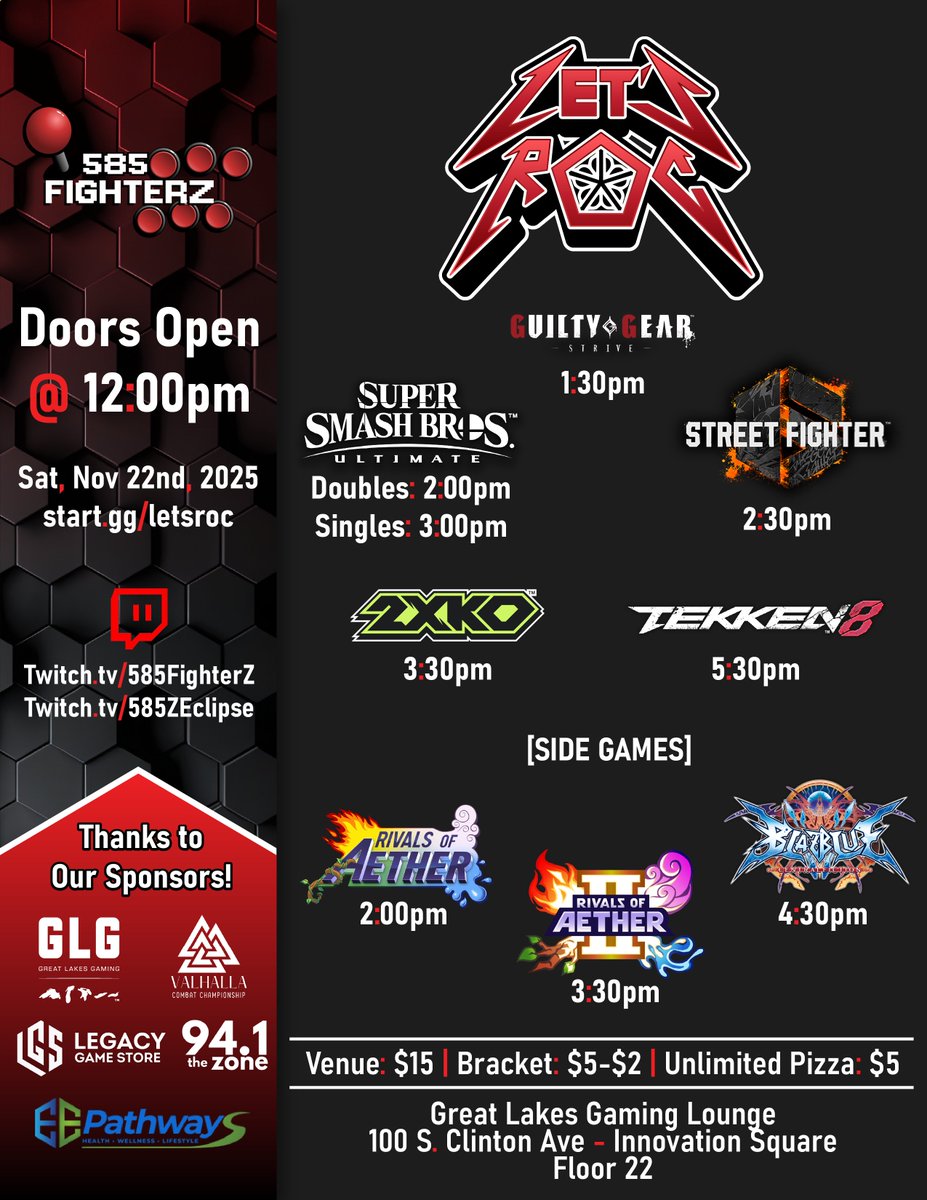 585FighterZ's tweet image. In less than 24 hours Let's ROC 14 is coming to you live from 585Z HQ @GLGamingLounges ! It's our last Let's ROC of the year and we've got a full lineup for all you FighterZ out there in the 585 and beyond!

Come throw hands and enjoy the best FGC esports action in Rochester!…