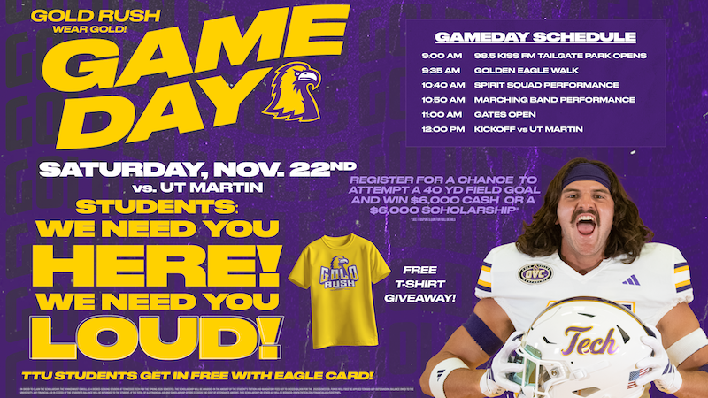 tennesseetech's tweet image. Pack Tucker Stadium! 🏟️ 

Your Tennessee Tech Golden Eagles are closing in on one of the best seasons in program history. Come out and support them this Saturday, Nov. 22 at noon, for the final regular season home game against UT Martin.

Wings Up! 💜💛