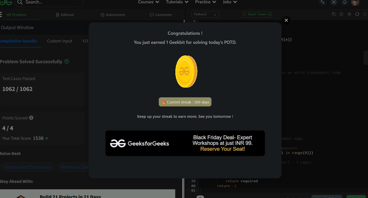 akashasahu07's tweet image. Day - 369
Minimum Operations to Connect Hospitals Problem
💡 Learning never stops. Today’s GeeksforGeeks POTD done — building skill, not just streaks.
#geekstreak2025 #GFGPOTD #KeepCoding