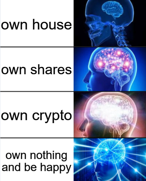0xAsylon's tweet photo. Bro, why do you want to own something?

House? You gotta pay for it all the time, repairs, insurance, utilities...

Stocks? So you buy them, and Buffett keeps selling his bags and keeping the price down.

Crypto? VCs dumping on you every day!

But if you own $nothing = no problems! 

Try it and you'll realize how happy you are 😍