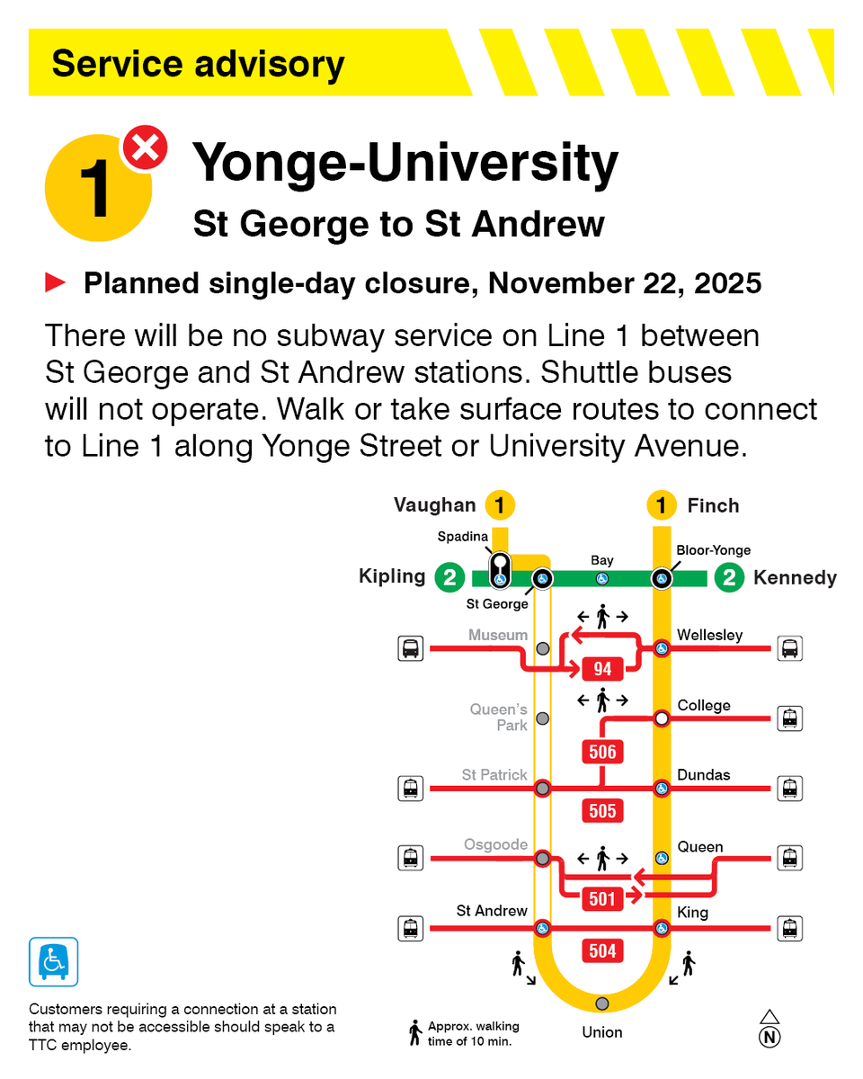 There will be no subway service on Line 1 between St George and St Andrew stations on Saturday, Nov. 22 due to planned station work. No shuttle buses will be operating. Learn more: bit.ly/4prNetn
