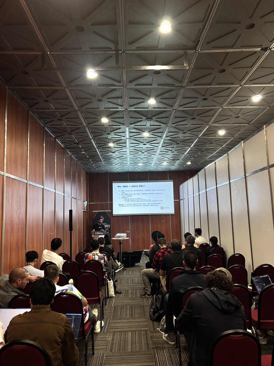 OasisProtocol's tweet image. Thank you to everyone who joined the workshop.

We covered:
→ ERC-8004 agent identities &amp;amp; validation
→ Running agent logic inside ROFL enclaves
→ Calling Sapphire for trusted actions
→ Full end-to-end flow with examples