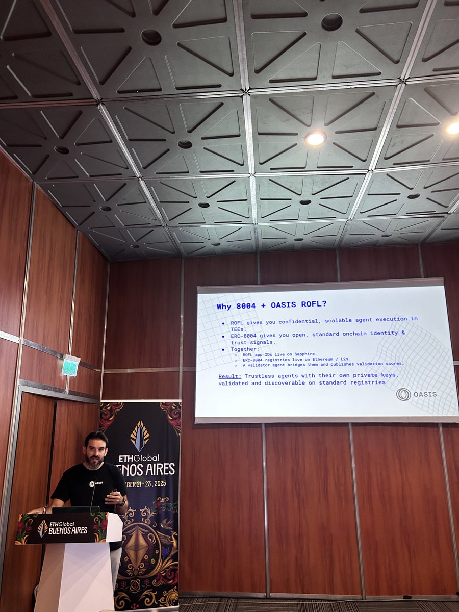 OasisProtocol's tweet image. Thank you to everyone who joined the workshop.

We covered:
→ ERC-8004 agent identities &amp;amp; validation
→ Running agent logic inside ROFL enclaves
→ Calling Sapphire for trusted actions
→ Full end-to-end flow with examples