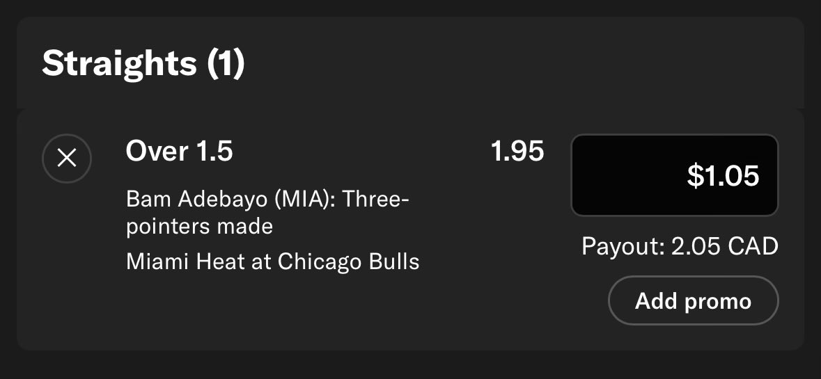 🏀 NBA 🏀

🌟Bam Adebayo o1.5 Threes, 1.95 (1.05u)

Bam has been efficient, shooting 37.3% from 3pt range and the bulls have allowed the 2nd most threes per game to C. 

#NBA #GamblingX