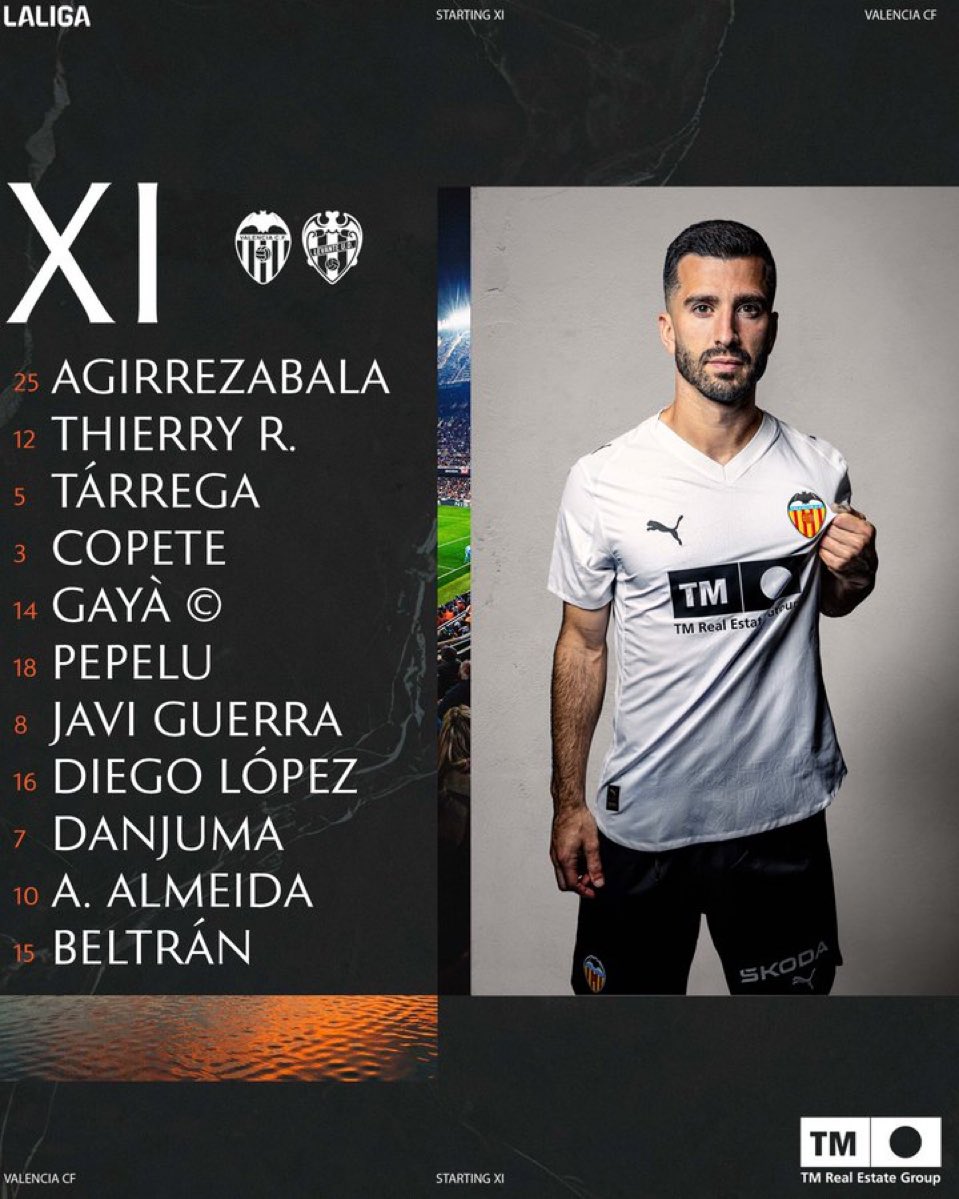 🦇 ¡Ya tenemos el 11 del <a href="/valenciacf/">Valencia CF</a>!

🧤 Agirrezabala
🛡️ Thierry, Tárrega, Copete, Gayà
🧠 Pepelu, Javi Guerra, Almeida
⚽️ Diego López, Lucas Beltrán y Danjuma

⏰ 21:00h
🏟️ Mestalla

#ValenciaLevante #LALIGAEASPORTS