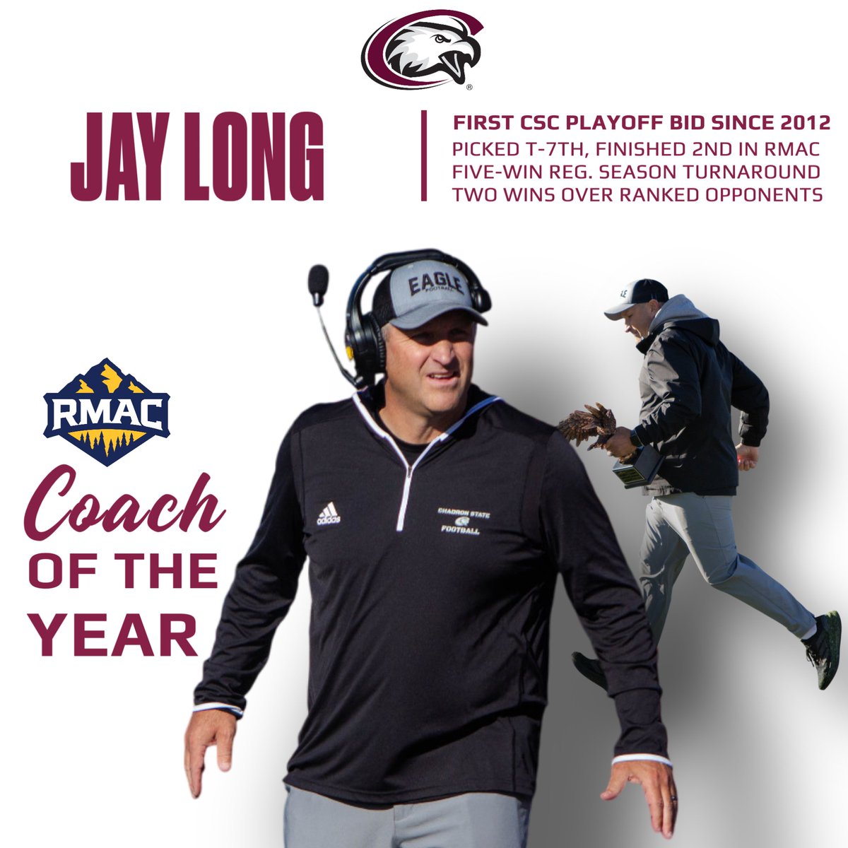 csceagles's tweet image. FB AWARDS: Chadron State has not one, not two, but THREE special award winners. 

Your RMAC DEFENSIVE PLAYER OF THE YEAR... Logan O&apos;Brien!

Your RMAC SPECIAL TEAMS PLAYER OF THE YEAR... Brodie Eisenbraun!

And, your 2025 RMAC COACH OF THE YEAR... Jay Long!
