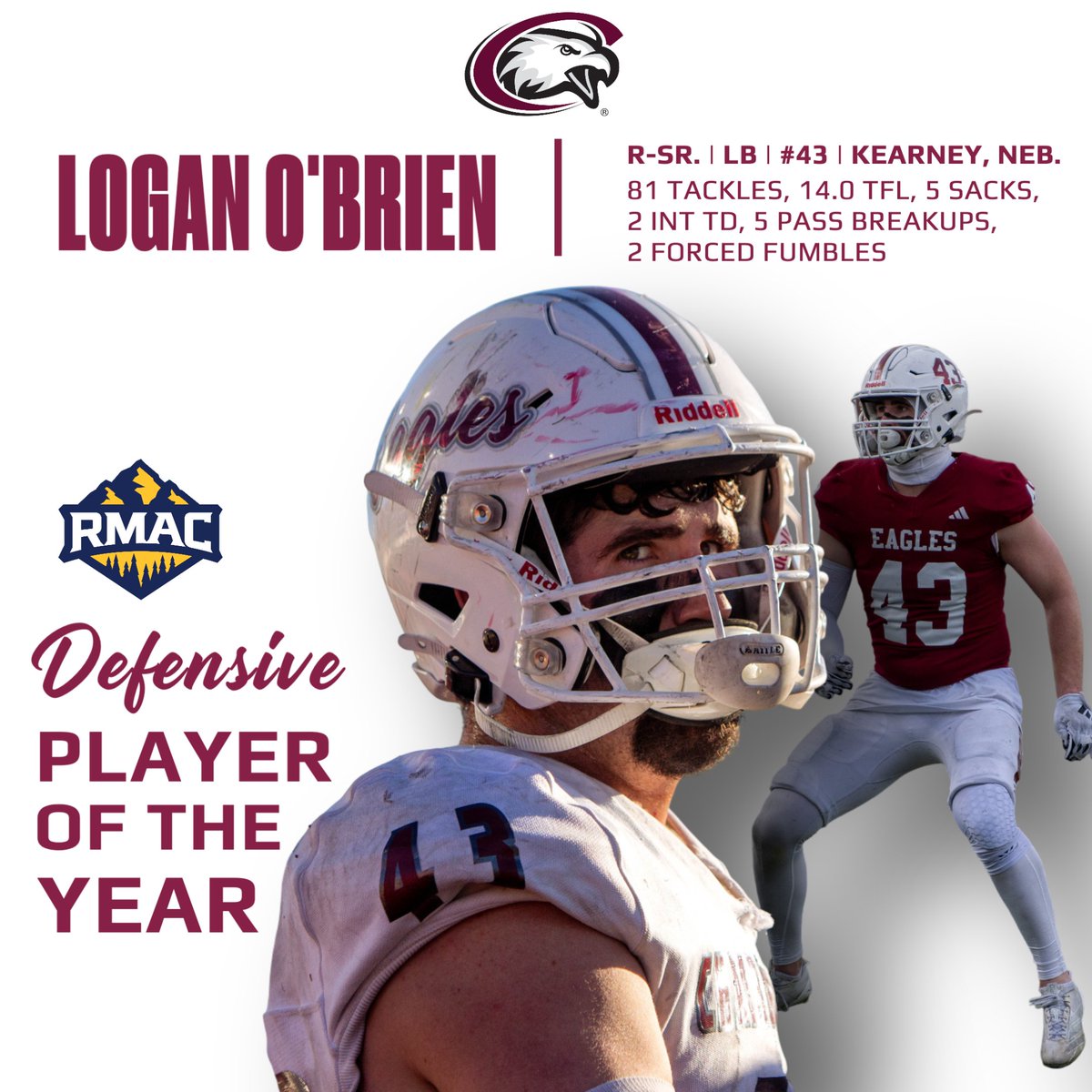 csceagles's tweet image. FB AWARDS: Chadron State has not one, not two, but THREE special award winners. 

Your RMAC DEFENSIVE PLAYER OF THE YEAR... Logan O&apos;Brien!

Your RMAC SPECIAL TEAMS PLAYER OF THE YEAR... Brodie Eisenbraun!

And, your 2025 RMAC COACH OF THE YEAR... Jay Long!