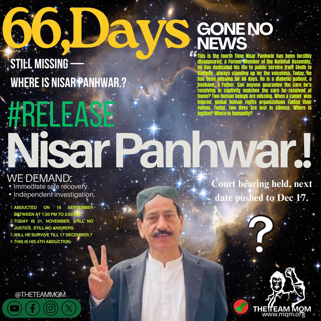 <a href="/amnestysasia/">Amnesty International South Asia, Regional Office</a> Strongly condemn. Sadly after writing you lots of emails you still didn’t publicly condemned the enforced disappearance &amp; illegal detention of Former Lawmaker Nisar Panhwar &amp; Anwar Tareen since 16 September,66 days. 

#ReleaseNisarPanhwar 
#ReleaseAnwartareen