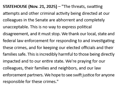 Indiana House Speaker Todd Huston (R-Fishers) and Indiana House Democratic Leader Phil GiaQuinta (D-Fort Wayne) issued the following joint statement today condemning the recent swatting and threats of violence against Senators: