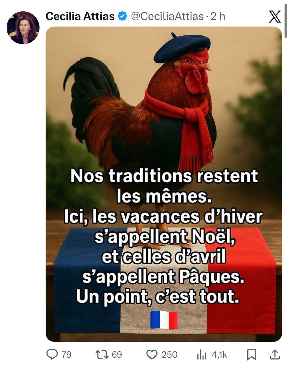 ncadene's tweet image. Qu’1 ex 1ère dame relaie ce message(laid) est ahurissant:
-faux problème (personne ne veut débaptiser Noël);
-ignorance historique (les fêtes religieuses étaient,avant,païennes);
-vision figée d’1 pays qui ne l’a jamais été
Le réflexe identitaire n’est pas la tradition française.