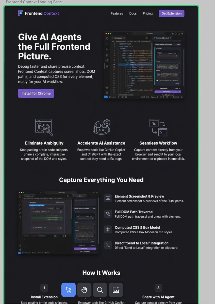 oh my gosh

I gave <a href="/stitchbygoogle/">Stitch by Google</a> a screenshot of my Frontend Context extension and asked it for a landing page and this is what it produced first try

And honestly, I don't have many notes.
Did it cook?