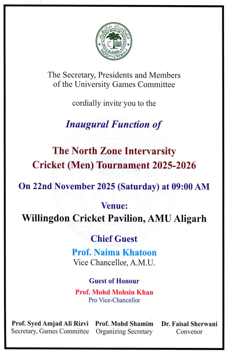 AMUofficialPRO's tweet photo. #AMU organising North Zone Inter-University Cricket Tournament 2025
🏏 Begins today Nov 22 at #AMU
🎉 Wishing all participating teams a spirited and competitive tournament.
#Cricket #InterUniversity #NorthZoneTournament 🟢🟡
@IndiaSports @YASMinistry @ANI @dpradhanbjp @PMOIndia https://t.co/kN3Us3xUdn