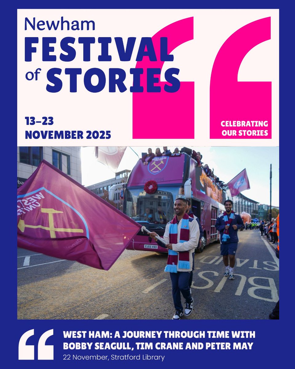 Bobby_Seagull's tweet image. 🎤⚒️ I’m HOSTING a special @WestHam history event!

Join historian Tim Crane and super fan Pete May as we explore the Hammers’ East London roots, legends, managers &amp;amp; community stories.

📅 22 Nov 2025 | ⏰ 5–6pm
📍 Stratford Library (for Newham Festival of Stories)
🔗…