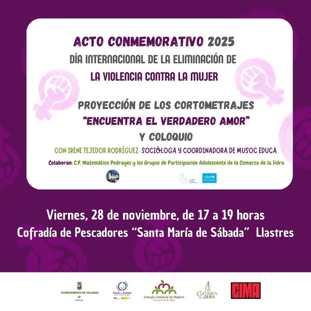 Próximos actos y actividades en el Concejo de Colunga, para conmemorar el 25-N, Día Internacional de la Eliminación de la Violencia contra las Mujeres.